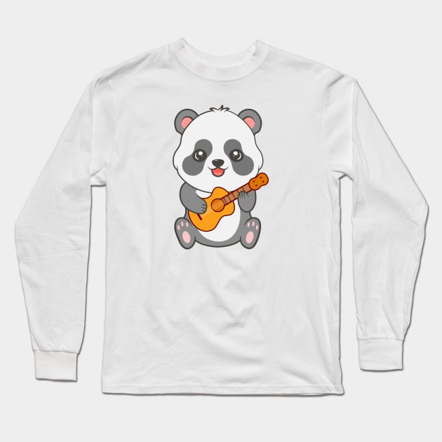 Adorable Panda Playing Acoustic Guitar Cartoon Long Sleeve T-Shirt by RayanPod